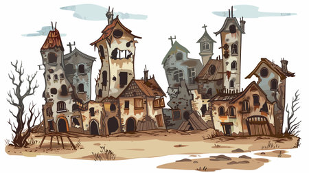 Dilapidated fantasy village crooked buildings, eerie atmosphere, desolate landscape. Artistic depiction haunted medieval town, spooky architecture, concept art. Brown, tan, beige dominate moodyのイラスト素材