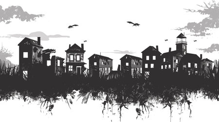 Silhouetted haunted village, spooky houses, abandoned buildings, reflecting water. Dark horror scene, flying bats, ominous clouds, mysterious atmosphere, Halloween theme. Gothic architecture, grungyのイラスト素材