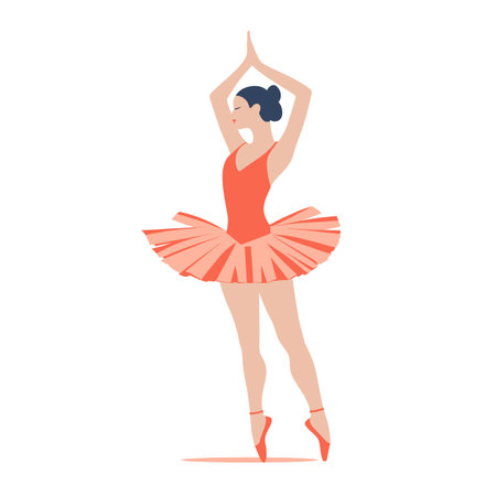 Female ballet dancer performing ballet pose, elegant ballerina coral tutu pointe shoes dancing, graceful dance move young woman. Ballerina practicing classical dance, performing arts representationのイラスト素材
