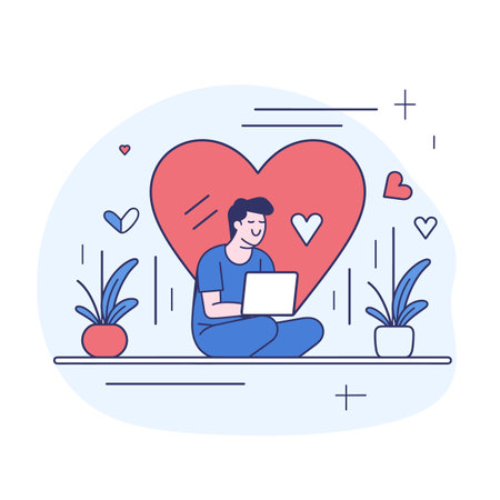 Man engaged online dating, sitting crosslegged laptop, large heart backdrop. Male figure wearing casual clothes, laptop user, love concept, indoor setting. Young adult expressing happiness, digitalのイラスト素材