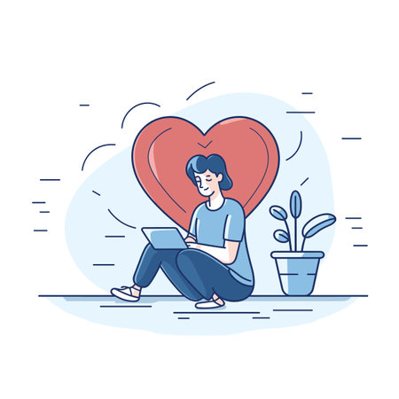 Young woman sits comfortably using laptop, large heart background, suggesting love digital work. Casual clothes suggest relaxed environment, techfriendly scenario. Potted plant adds touch natureのイラスト素材