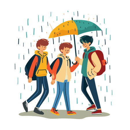 Three friends sharing umbrella during rain walk together smiling. Young teens casual attire walk under one umbrella amidst downpour. Cheerful group protected rain colorful umbrellaのイラスト素材