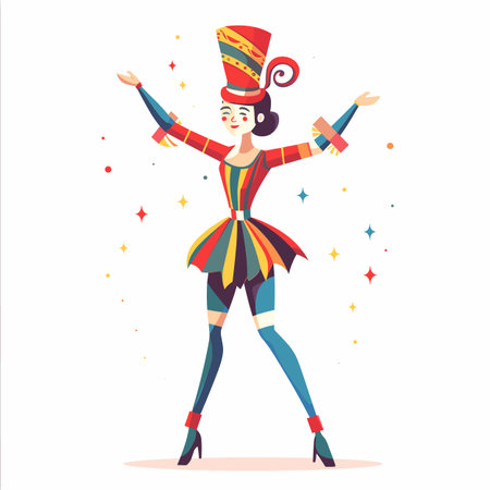Female circus performer celebrating, colorful costume, high hat, red shoes. Animated character posing, festive mood, confetti, performing arts theme. Joyful cartoon woman, circus entertainerのイラスト素材
