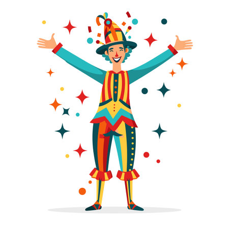 Joyful cartoon clown welcoming audience circus show. Festive clown colorful costume celebrating open arms, confetti stars around, cartoon style. Happy performer standing isolated white backgroundのイラスト素材