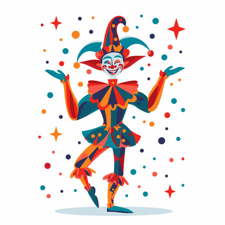 Colorful jester performing tricks amidst colorful confetti. Juggling jestful character vibrant harlequin costume. Festive circus clown entertainer vector delighting audienceのイラスト素材