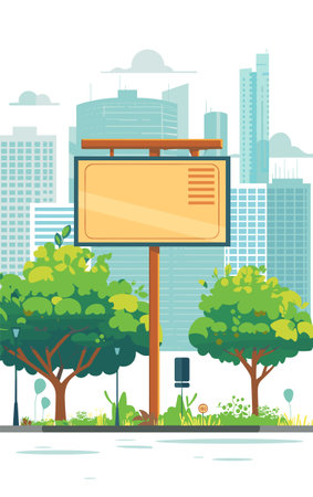 Blank billboard urban landscape cityscape trees greenery advertisement space empty. Large outdoor advert structure clear message display city center park skyscrapers backdrop vector illustrationのイラスト素材