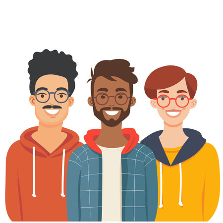 Three young men, diverse group, friends smiling, casual attire, eyeglasses, friendship concept, isolated white background. Multiracial, cheerful, happy expressions, unity diversity, modern youthのイラスト素材