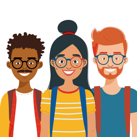 Three young adults smiling, diverse ethnicities, friendly gathering. Casual attire, cheerful, multicultural friendship concept. Students posing together, camaraderie, youthful energyのイラスト素材
