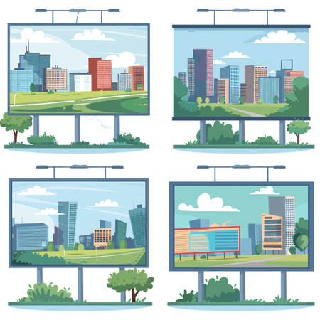 Four vector illustrations cityscape billboards urban settings. Billboards display different city views blue sky clouds. Cartoon style graphics skyline modern architecture trees billboardsのイラスト素材