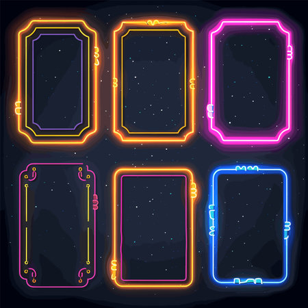 Six neon glowing frames dark space background stars, colors include orange, yellow, pink, blue, vector illustration bright futuristic borders text game interfaceのイラスト素材
