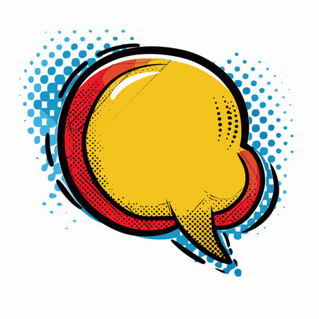Yellow red speech bubble comic style bursting blue dotted halftone pattern isolated white background. Pop art conversation icon handdrawn ink lines bold outline. Graphic design speech balloonのイラスト素材