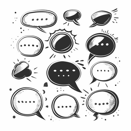 Collection comic book speech bubbles, various shapes sizes, communication concept. Black white cartoon conversation icons, dialogue message theme. Pop art style word balloons, graphic designのイラスト素材