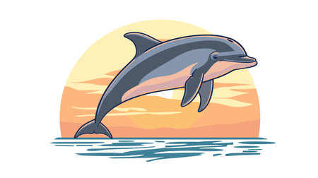 Dolphin jumping out ocean against sunset, marine life scene, playful aquatic mammal leaping, tropical seascape, oceanic backdrop. Cartoon dolphin joyfully breaches sea surface, vibrant dusk colorsのイラスト素材