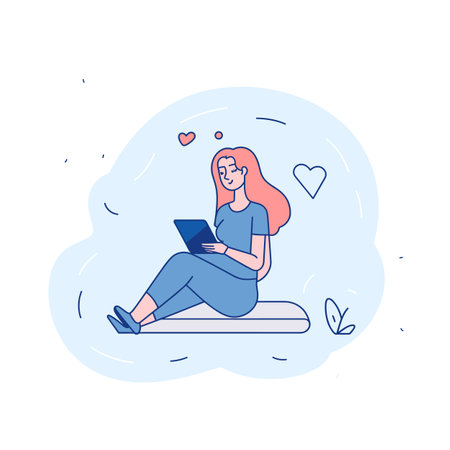 Young female cartoon character browsing laptop, relaxed sitting posture, hearts floating, technology user engagement. Cheerful woman enjoying online content, digital love concept, sereneのイラスト素材