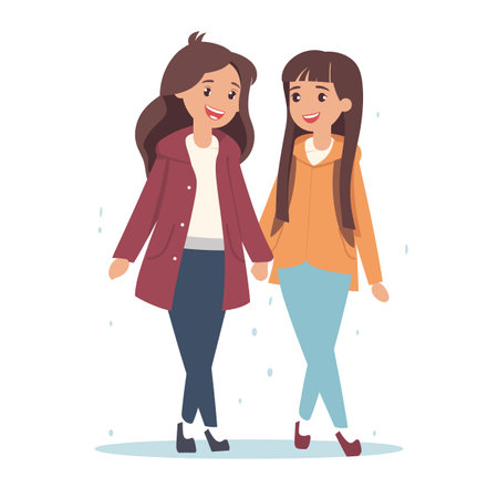 Two young adult female friends walking together, both smiling enjoying time, casual wear. Cartoon women strolling, happy bonding, modern clothing simple style, isolated white background. Friendshipのイラスト素材