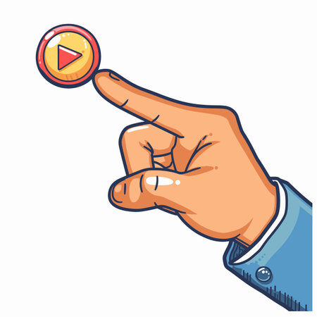 Hand pointing play button concept cartoon business suit finger gesture press start control touch screen interface digital symbol. Cartoon representation beginning activation launch video audioのイラスト素材