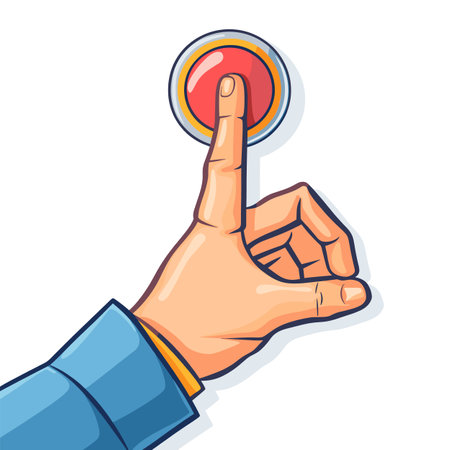 Hand pressing red button, cartoon style graphic, bright colors. Male finger pushing circular switch, suit sleeve indicating business context. Alert, launch, start concept, graphic illustrationのイラスト素材
