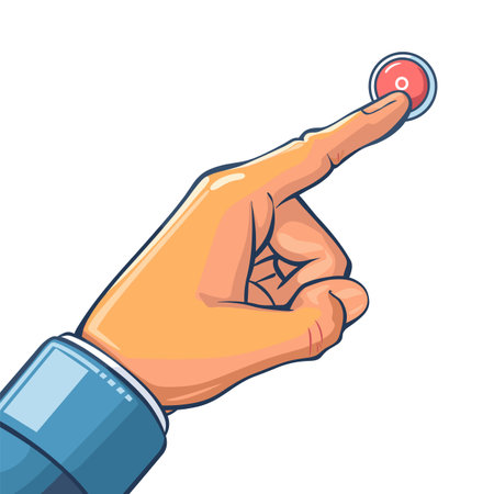 Male hand pressing red button, close up detailed vector illustration. Human finger pushing circular switch, concept starting mechanism isolated white background. Cartoon style digit interactionのイラスト素材