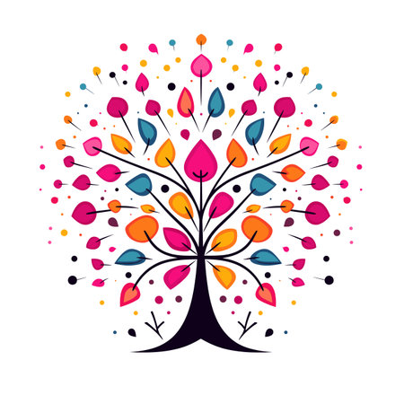 Colorful artistic tree vibrant colors splatter effect abstract design. Multicolor leaves branches spreading growth symbolizing life diversity. Artistic tree splashes dots colorful backgroundのイラスト素材