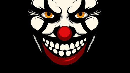Scary clown face digital art, menacing smile, sharp teeth, intense eyes. Malevolent clown illustration, horror theme, black red colors, yellow eyes. Frightening graphic, sinister expressionのイラスト素材