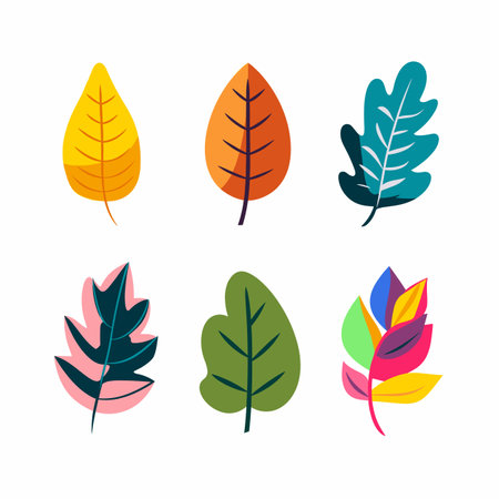 Six vibrant leaves vector illustration isolated white background. Different shapes colors flat design foliage natural elements. Autumn creative decorative leaf collection graphic resourceのイラスト素材