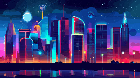 Futuristic cityscape night, vibrant neon colors, advanced metropolitan architecture. Skyscrapers under starry sky, glowing lights, cosmic elements, urban scifi landscape. Digital artwork cityのイラスト素材