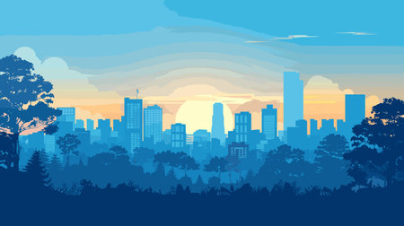 Silhouetted city skyline against sunrise, urban landscape skyscrapers trees silhouette, blue orange hues. Panoramic cityscape illustration, sunrise behind buildings, tranquil early morningのイラスト素材