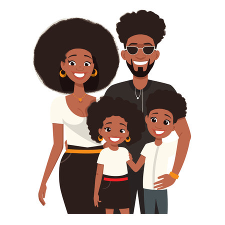 African American family portrait featuring parents children smiling together. Mother, father, young girl, boy casual clothing, exuding happiness. Cartoon illustration representing closeknitのイラスト素材