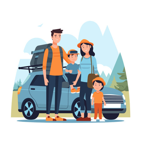 Family road trip, smiling parents children car, mountain backdrop. Cartoon illustration vacation travel, Asian family ready holiday adventure. Happy family, kids wearing hats, standing blue carのイラスト素材