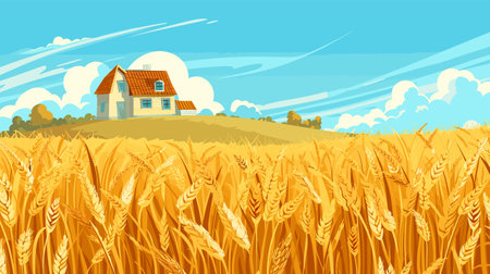 Golden wheat field ripe harvest farmhouse background. Countryside scenery agriculture farmland blue sky. Autumn harvest season rural landscape golden wheat earsのイラスト素材
