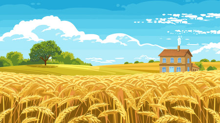 Golden wheat field ripe crops farm house blue sky fluffy clouds rustic rural scene summer landscape. Countryside serene panorama meadow farmhouse agriculture green trees tranquil nature backdropのイラスト素材