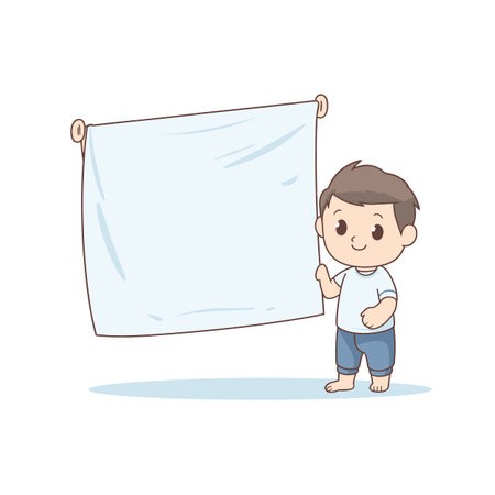Boy presenting blank banner, cartoon smiling child, casual clothes. Young male character holding empty sign, presentation concept, friendly kid gesture. Child showcasing placard, editable templateのイラスト素材