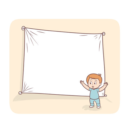 Young boy presenting large blank banner ready text advertisement, happy child smiling beside spacious signboard. Cartoon illustration kid standing next empty billboard messaging space, excited youthのイラスト素材