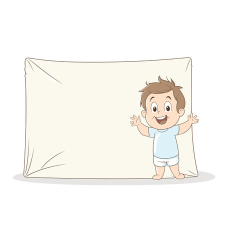 Boy smiling while spreading arms against huge pillow, happy child cartoon. Large pillow dwarfing toddler blue shirt, playful mood indoors. Boy dwarfed oversized pillow, joyful expression, cuteのイラスト素材