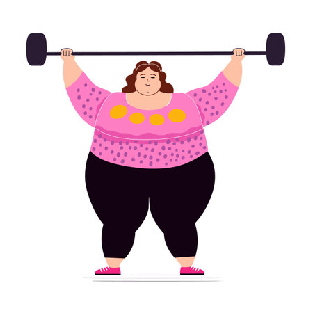 Woman lifting barbell, exercising, fitness workout, strength training, body positivity, plus size, active lifestyle, sportswear, pink polka dot shirt, isolated white background. Plus size femaleのイラスト素材