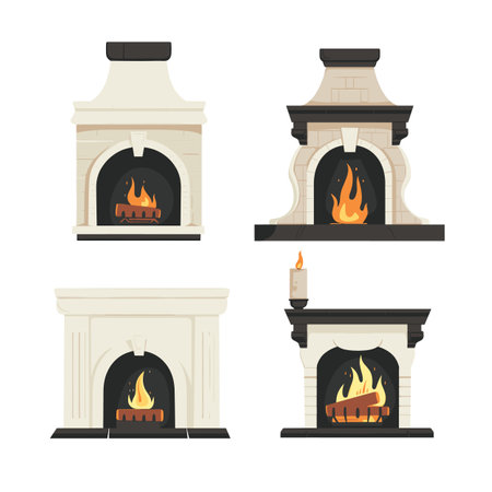 Four different designs fireplace illustrations, featuring fire burning within. Classic modern styles fireplaces represented varying mantels hearths. Graphic elements include flames, wood logsのイラスト素材