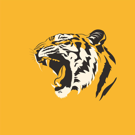 Fierce tiger roaring graphic design, wild animal head vector illustration, orange black colors. Angry tiger face symbol power strength, isolated mascot art, sharp fangs, detailed whiskers. Growlingのイラスト素材