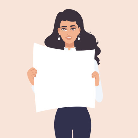 Woman holding blank poster ready input message. Smiling female character presenting empty sign. Ethnic woman casual attire showcasing placard, vector graphicのイラスト素材