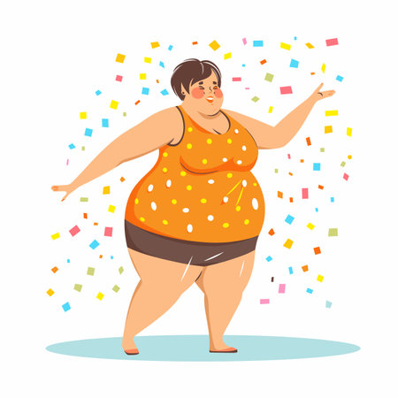 Happy plussize woman dancing celebrating confetti flying colorful background joyful moment. Cartoon character body positivity joy festive atmosphere polka dot shirt shorts smile. Female dancerのイラスト素材