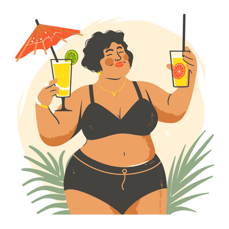 Plus size woman enjoying tropical drinks beach vacation. Happy curvy lady holding cocktail lemonade summer holiday illustration. Cartoon character swimsuit relaxing tropical paradiseのイラスト素材