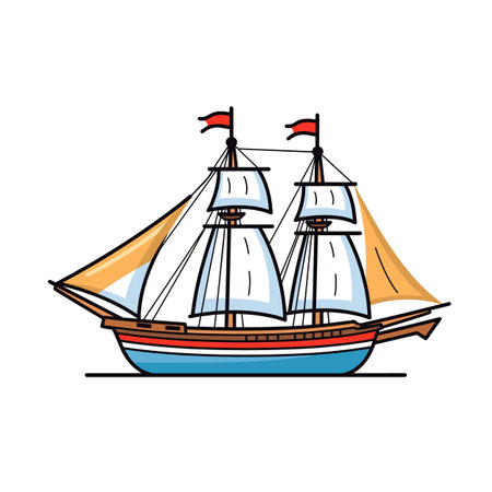 Sailing ship illustration, cartoon style drawing. Oldfashioned sailboat, masts white sails, red flags. Nautical vessel isolated white backgroundのイラスト素材