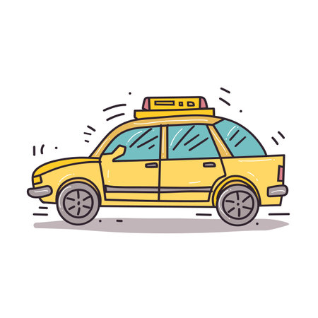 Yellow taxi cartoon vector illustration vibrating motion lines suggesting movement. Handdrawn style taxi cab, side view shining lights no passengers, isolated white. Bright yellow city vehicleのイラスト素材