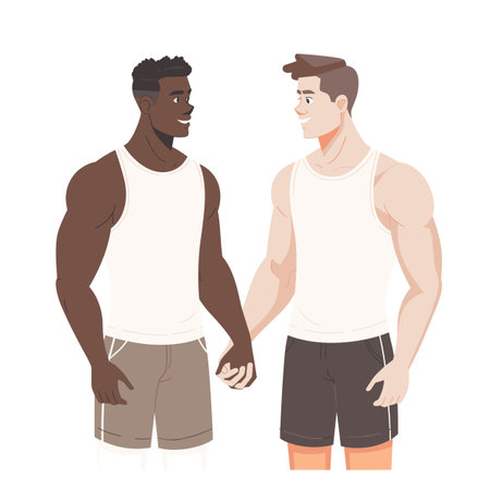 Two men holding hands, one African American wearing white tank top, Caucasian tank top black shorts, showing friendship. Both men smiling, conveying sense camaraderie understanding, illustrationのイラスト素材