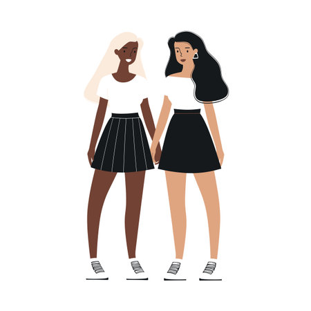 Two women holding hands, one African ethnicity Caucasian, wearing skirts sneakers. Friends showing unity, diverse races support, standing together casually dressed. Young adults showcase friendshipのイラスト素材