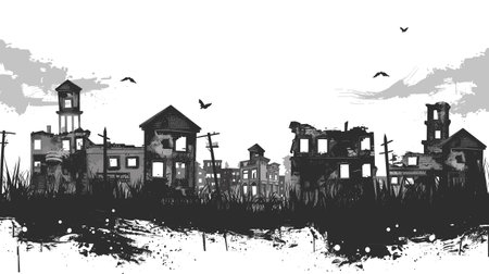 Monochrome cityscape ruins sketch, abandoned buildings, flying birds, grunge texture, postapocalyptic scene. Black white urban destruction illustration, desolate town, eerie atmosphere, dilapidatedのイラスト素材