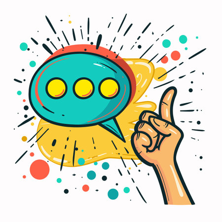 Hand pointing up thumbs up gesture speech bubble colorful dots accents dynamic background. Cartoon illustration hand gesture approval agree communication concept vibrant colors. Pop art styleのイラスト素材