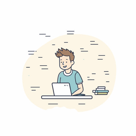 Young male cartoon character working laptop, smiling, casual attire, technology user, remote work concept. Cheerful student studying online, books stacked beside, elearning illustration. Casual manのイラスト素材