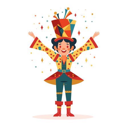 Excited clown performing birthday party, arms raised, joyous expression. Carnival character sporting colorful costume, confetti surrounds, cheerful entertainment. Performer delights childrenのイラスト素材