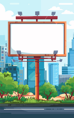 Billboard empty ready advertising beside city road, clear blue sky, urban landscape background. Large outdoor advertising structure blank space, street traffic, advertisement mockup cityscape. Emptyのイラスト素材