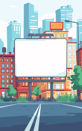 Blank billboard cityscape advertising street illustration. Billboard empty blank advertisement city skyscrapers buildings. Graphic design mockup sceneryのイラスト素材
